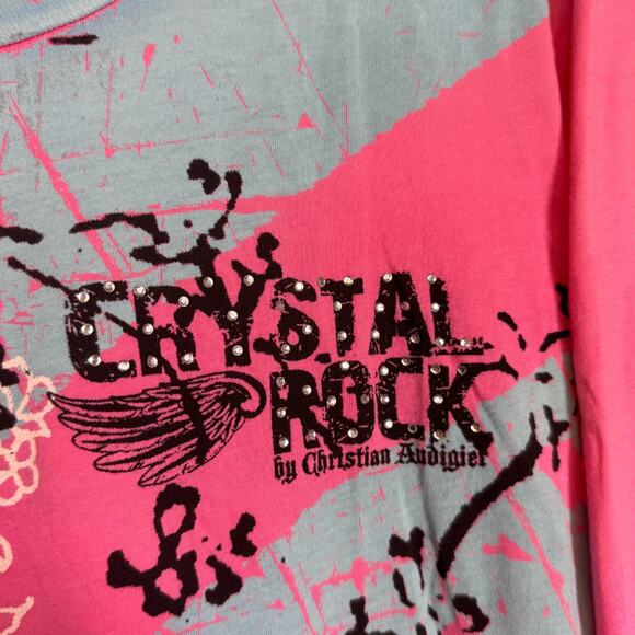 Christian Audigier Y2K Shirt Womens Large Crystal Rock Tokyo Sun Cherry Blossom - Picture 7 of 13